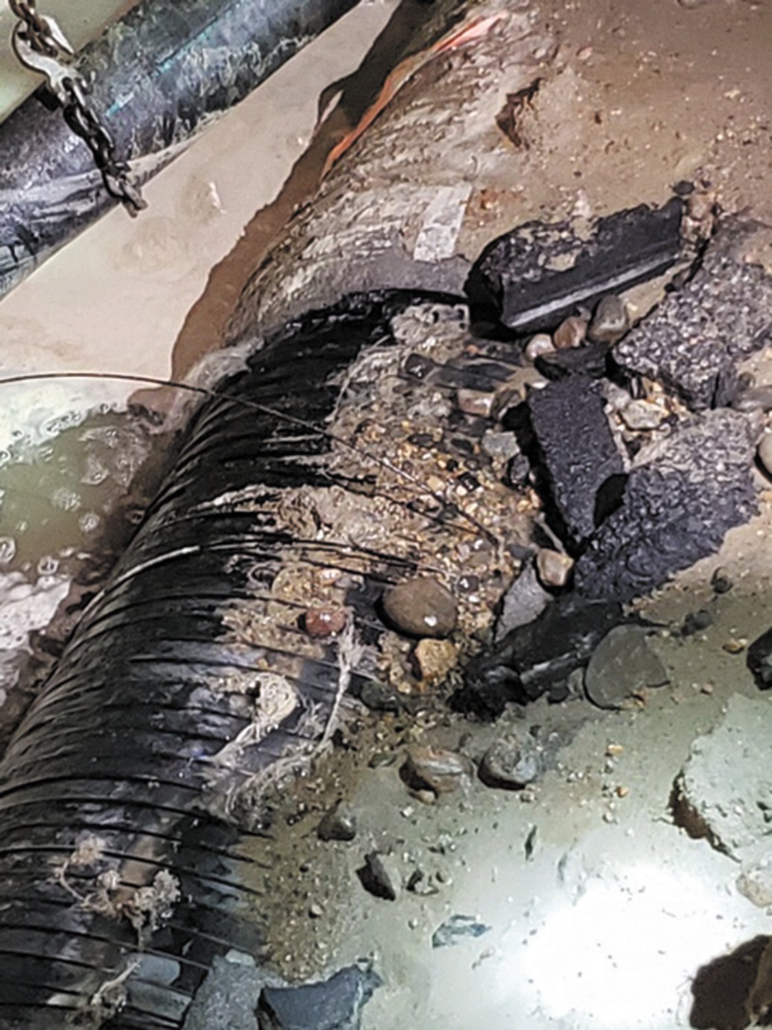 PIPE CONDITION: Once crews had unearthed the ruptured pipe and were able to stem the flow of wastewater this is what they found. (Submitted photo)